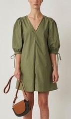 JUST FEMALE NANITADRESS – CLOVER Olive Green V-Neck Puff Sleeve Mini Dress sZ S