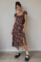 Pie In The Sky Brown Paisley Babydoll Midi Dress Cottagecore Boho Y2K Style Sz S