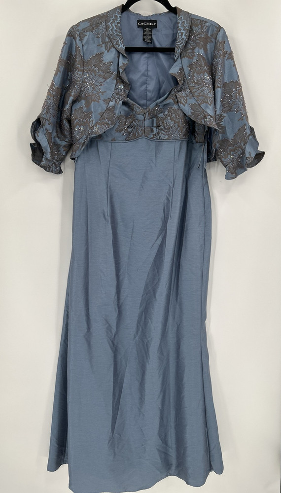 Cachet Dress Womens 12P Blue Capri Beaded Formal Gown Jacket Set Mother Bride