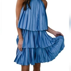 Halter Neckline Pleated Tiered Flowy Sleeveless Mini Dress Size M
