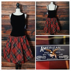 American Living Dress 6 Black Velvet Red Plaid Bubble Hem Side Zip Festive NWT