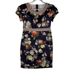 Yes&rsquo;S Style by Yess Floral Sheath Dress Navy Tan Contrast Band Short Sleeve L