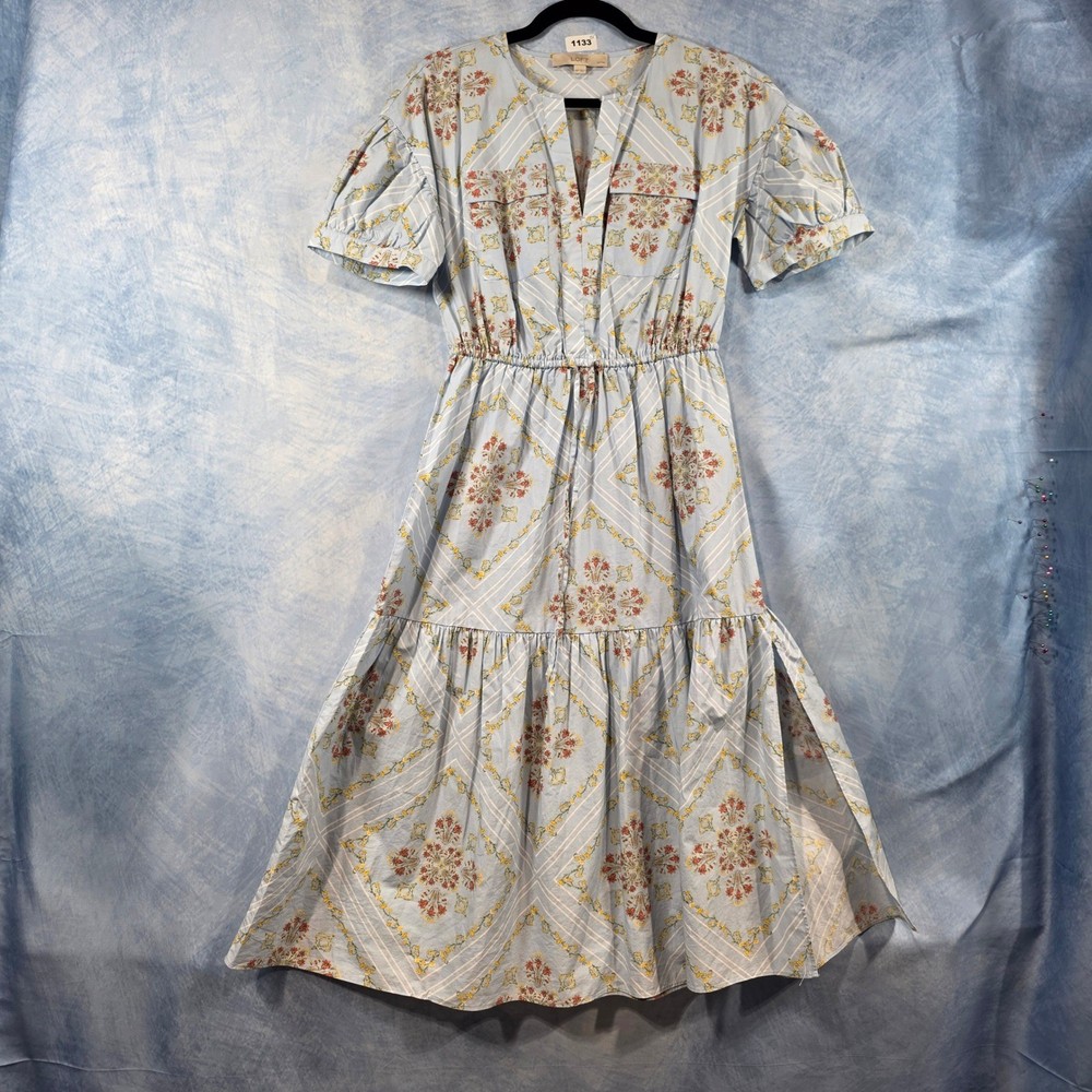 Loft Petites Light Blue Floral Tile Print Tiered Midi Dress XSP Short Puff Sleev