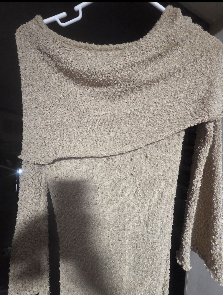 Light Khaki Stretchy Big Cowl Over Shoulders Textured Comfy Dress SM/M