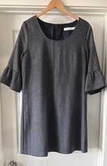 JUSTFAB Gray Herringbone Ruffle Sleeve Shift Dress XL Round Neck Knee Length