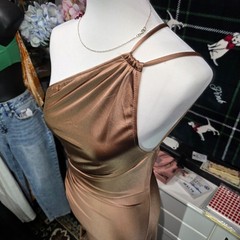 OYS Elegant Goddess Asymmetric Evening Gown Size Small NWT Ruffle Split Bronze