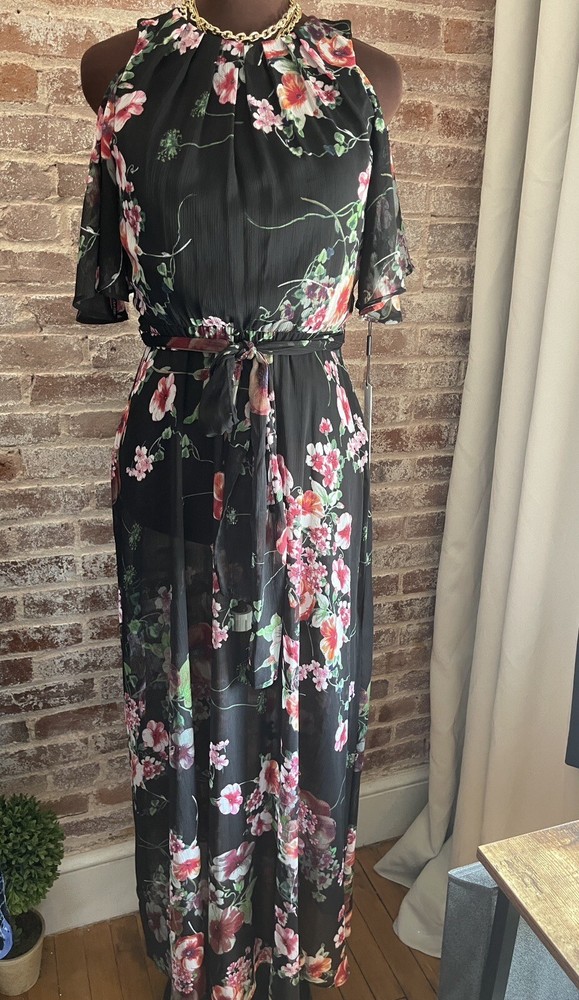 New! Calvin Klein Black Red Green Floral Chiffon Cold Shoulder Maxi Dress Size 2