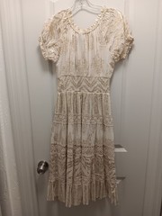 Me 2 Magic Sz. S Midi Dress Ivory/Gold Metallic Floral Smocked Waist, Tiered