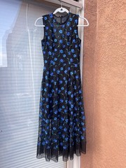Women’s Black Mesh Blue/Green Floral Embroidered Midi Dress S by