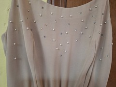 Beige Maxi Dress Matching Jacket Faux Pearls Rhinestones Sheer Chiffon? Size 12
