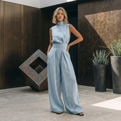 Linen Two Piece Set Mock Neck Sleeveless Top Wide Leg Pants Jumpsuit Matching