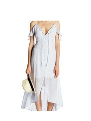 ASTR Light Blue Striped Button-Front Midi Dress Off The Shoulder Lined Rayon: M