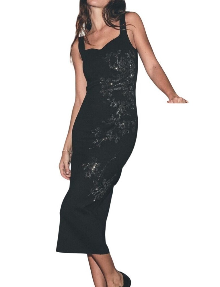 ZARA Womens Small Shimmer Floral Beaded Knit Midi Dress Black Sleeveless NWT