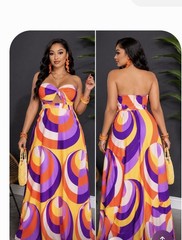 Women’s Purple Orange Yellow Geometric Strapless has zipper Maxi Dress 2XL Plus