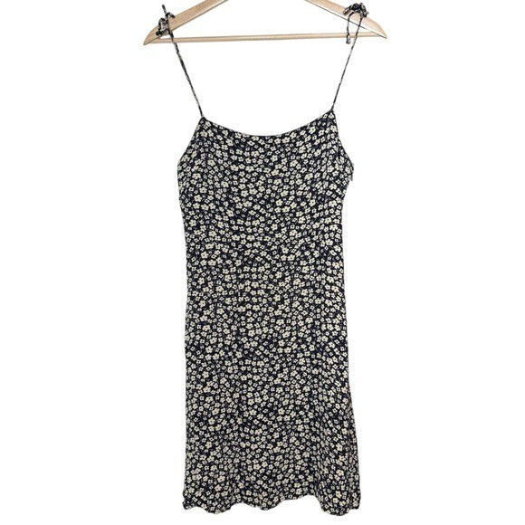 Mango Floral Spaghetti Strap A-Line Slip Dress Size S Black White Boho Smocked
