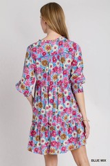 Umgee Blue Multi Flower Print Ruffle Tiered Dress V-Neck Ruffle Front Tie Front