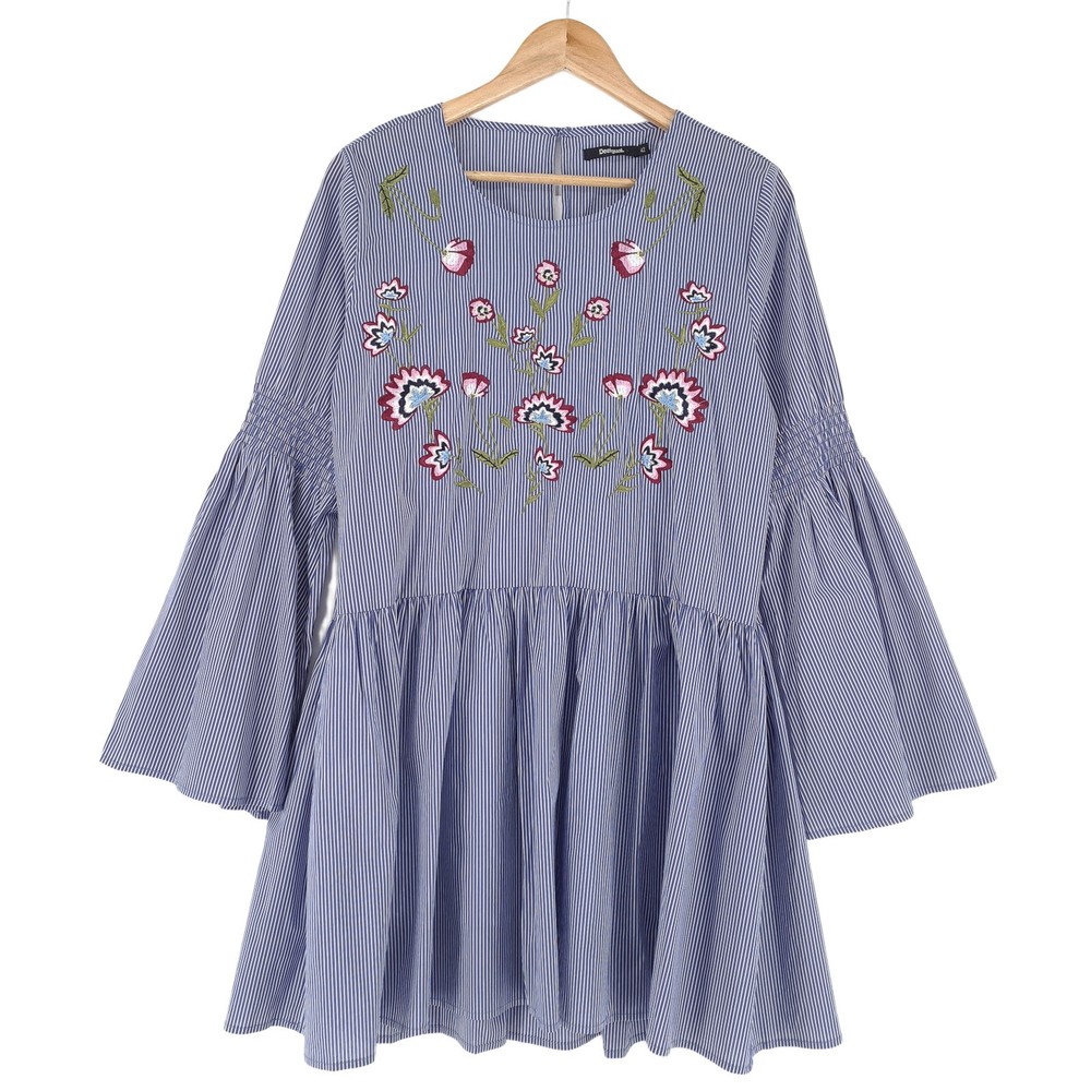 Desigual Fit & Flare Dress Striped Floral Embroidered Bell Sleeve Size 42
