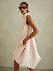 REISS Shauna High Neck Drape Back Mini Dress in Nude/Pink