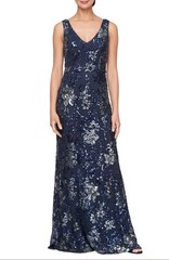 Alex Evenings Navy Blue Sequin Floral A-Line Gown Size 18 $199