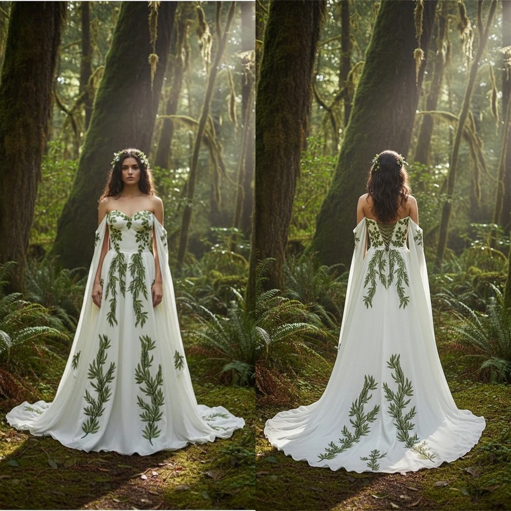 Green Leaf Embroidered Wedding Dress with Cape A-line Train Lace Prom Bride Gown