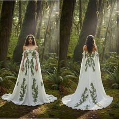 Green Leaf Embroidered Wedding Dress with Cape A-line Train Lace Prom Bride Gown