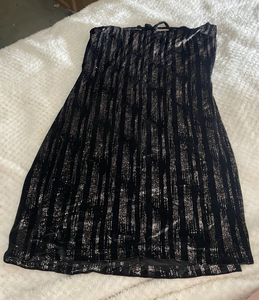 Love Squared Strapless Bodycon Mini Dress L Black/Silver Glitter Metallic