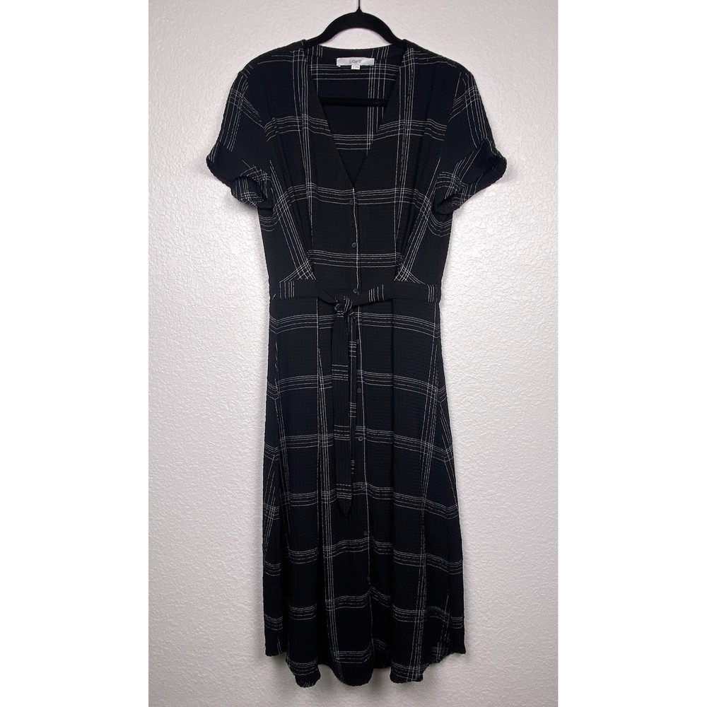 Loft Black White Plaid Button Front Midi Dress Short Sleeve Tie Waist Size 6