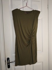Pink Vanilla Khaki Ruched Shoulder Pad Dress UK M Bodycon Midi NWT summer