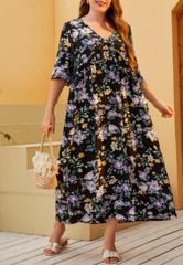 Plus Size Elbow Sleeve Floral Dress, Black