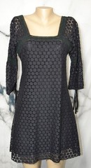SOLITAIRE Black Circle Lace Square Neck Dress Large 3/4 Tied Cuff Sleeves Lined