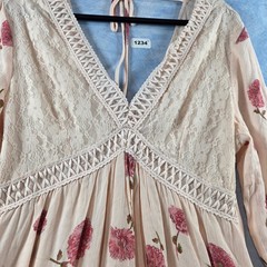 En Creme Floral Lace Boho Mini Dress XL Peach Pink Long Sleeve Crochet V-Neck