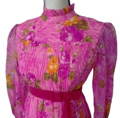 Vtg 60&rsquo;s Mod Chiffon Organza Smocked Dress S Hot pink Floral Puff Cottagecore