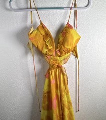 Hello Molly Women’s M Yellow Pink Floral Ruffle Spaghetti Strap Maxi Dress
