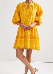 Zara Yellow Eyelet Embroidered Puff Sleeve Button Front Pocket Dress M