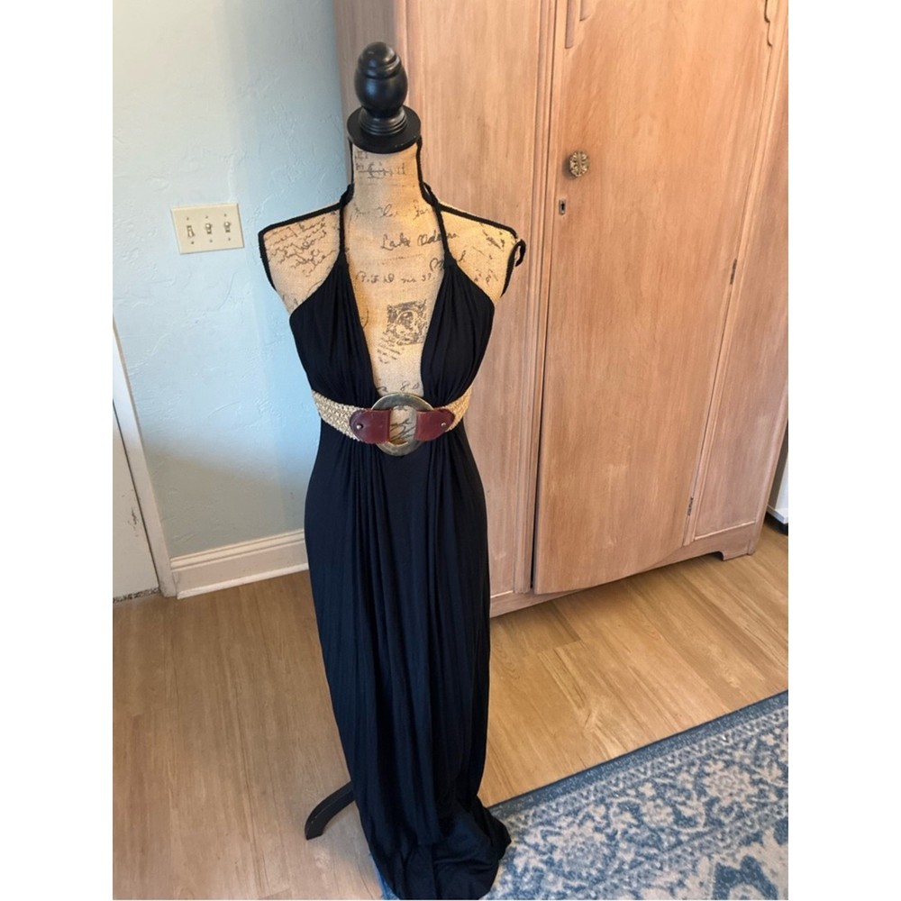 Y2K Sky Black Halter Maxi Dress leather belt ring detail medium