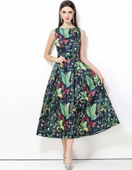Spring Summer Fall Floral Print Crew Neck Sleeveless Women Casual Party Dresses