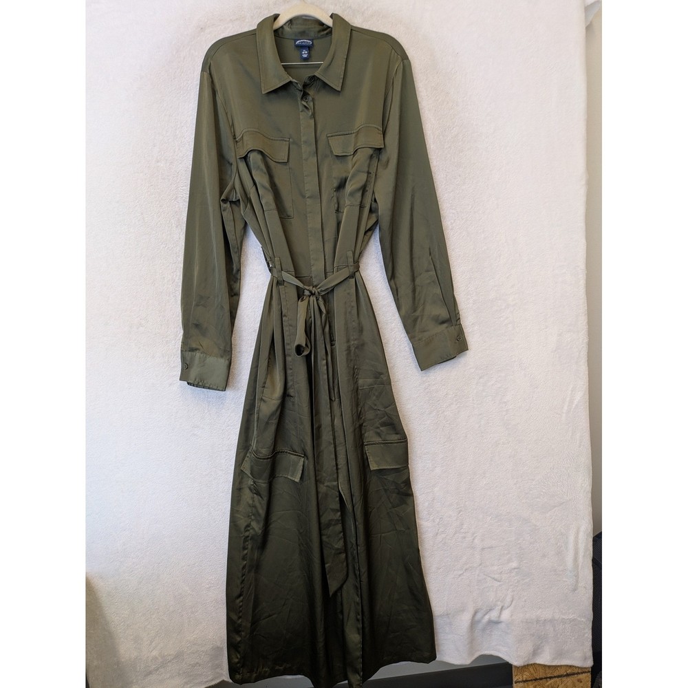 Scoop Utility Maxi Dress Women&rsquo;s XL Olive Green Belted Satin Cargo Pockets