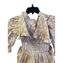 A-Line Dress Womens Size 7 Pink Green Floral Ruffle Pleated Half Puff Sleeve