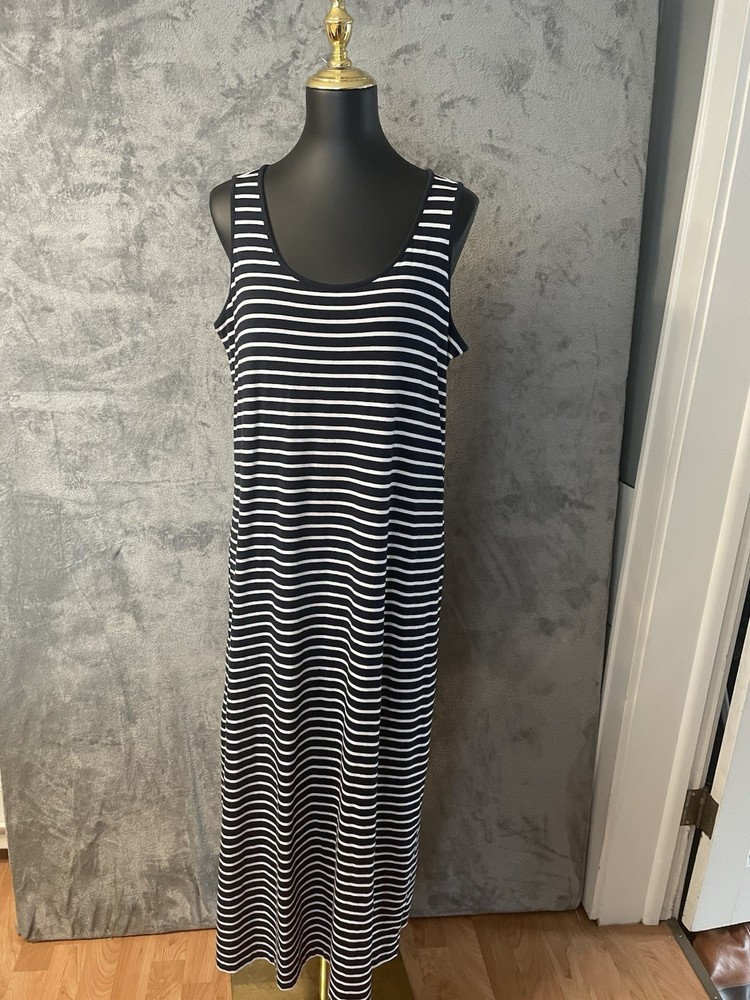J Jill Navy Striped Sleeveless Maxi Dress Medium Soft Pima Cotton Blend