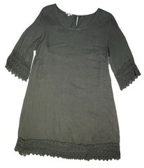 Stella Rosa 100% Linen Gray Dress Sz S 36 Bust Lace Trim 3/4 Slv 36 Length Italy