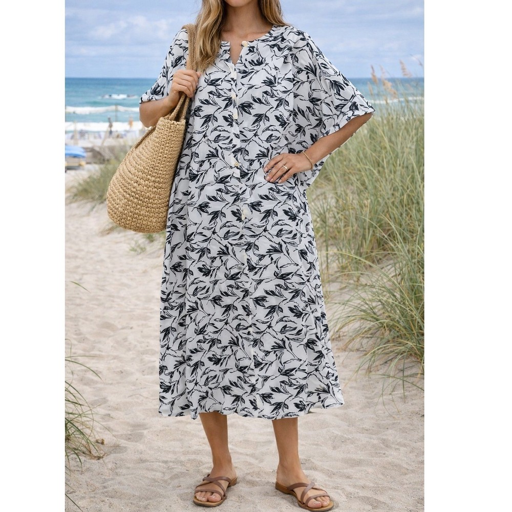 Doe & Rae Oversized Small Midi Caftan Dress White Black Floral Button Front