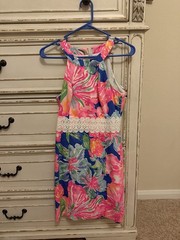 Lilly Pulitzer Floral High Neck Sheath Dress White Crochet Waist Size 00