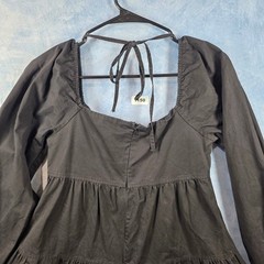 Hyfve Womens Black Tiered Mini Dress Long Balloon Sleeve Square Neck Babydoll M