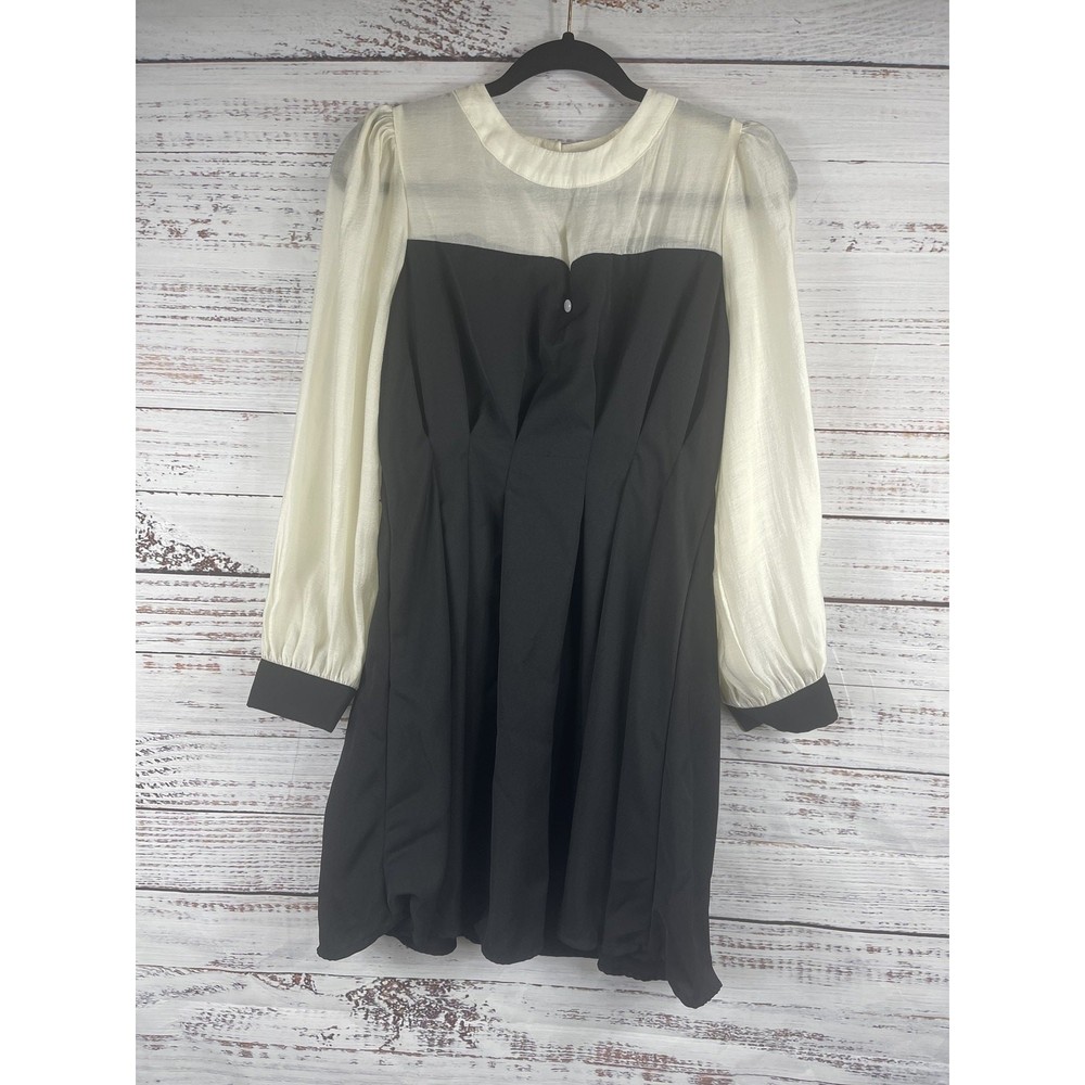 Dazy Dress Women&rsquo;s Large Black White Long Sleeve Sheer Contrast Mini Pleated New