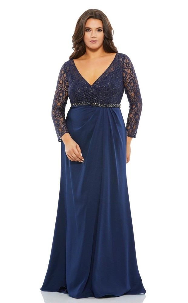 NWT Mac Duggal Midnight Navy Long Sleeve Beaded Evening Gown 18W $498