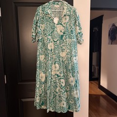 Umgee Green Multi Abstract Print Midi Dress Short Balloon Sleeves