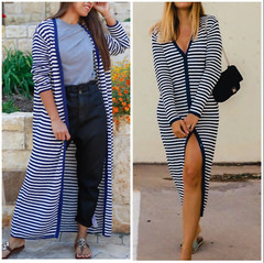 Zara Stripe Knit Long Sleeve Longline Cardigan Sweater Dress Nautical Blogger L