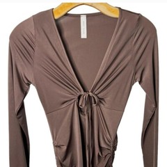 🆕Brown Long Sleeve Front Tie Side Ruched Ties Stretchy Bodycon Dress~Size M