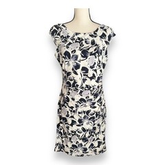 Lauren Ralph Lauren Navy Cream Floral Ruched Sheath Dress 12P Petite Cap Sleeve