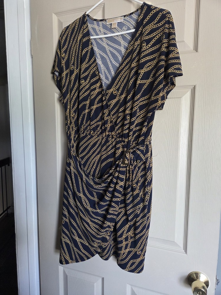 Michael Kors Women&rsquo;s chain link wrap Dress in tile blue Size Large NWT